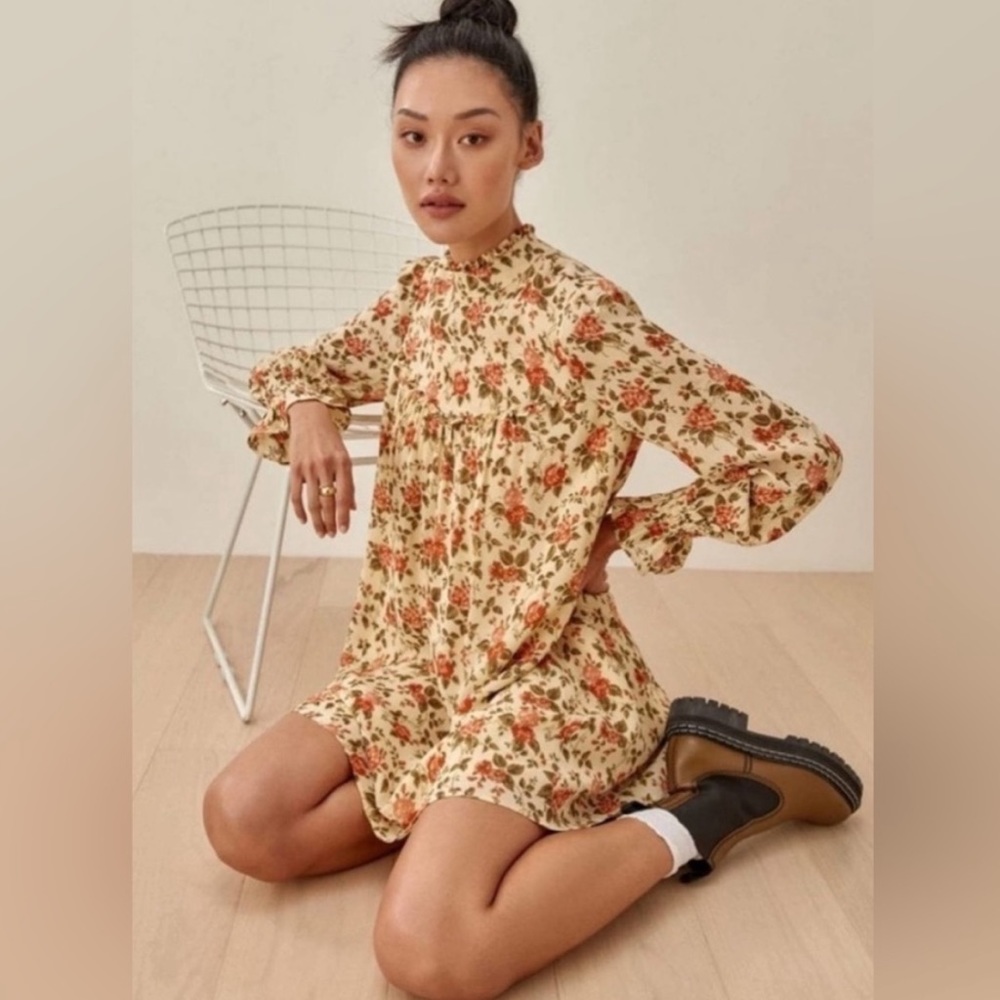 NEW Reformation Jourdon Dress Floral Ruffle Mini Peasant Yellow Flowers Small